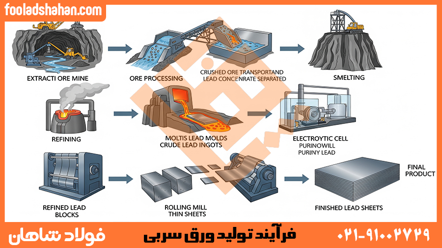 دیاگرام مراحل تولید ورق سربی از سنگ معدن تا محصول نهایی | فولاد شاهان